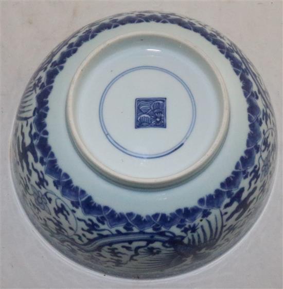 A Chinese blue and white phoenix bowl , Kangxi/Yongzheng period, 21.5cm, cracks